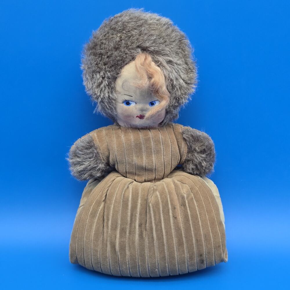 Antique Child’s Hand Muff Doll 12” Fur Trim Cloth Face Winter Muff Needs TLC